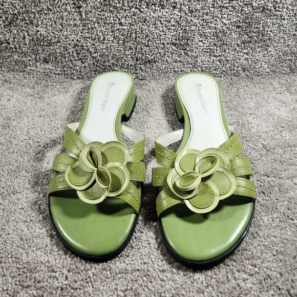 Etienne Aigner Helga Sandals Green Leather Floral Slide Low Block Heel Womens 7 - Picture 8 of 10